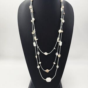 Chicos Layered Beaded White Mother Of Pearl Multi Strand Neacklace 26-34" Long